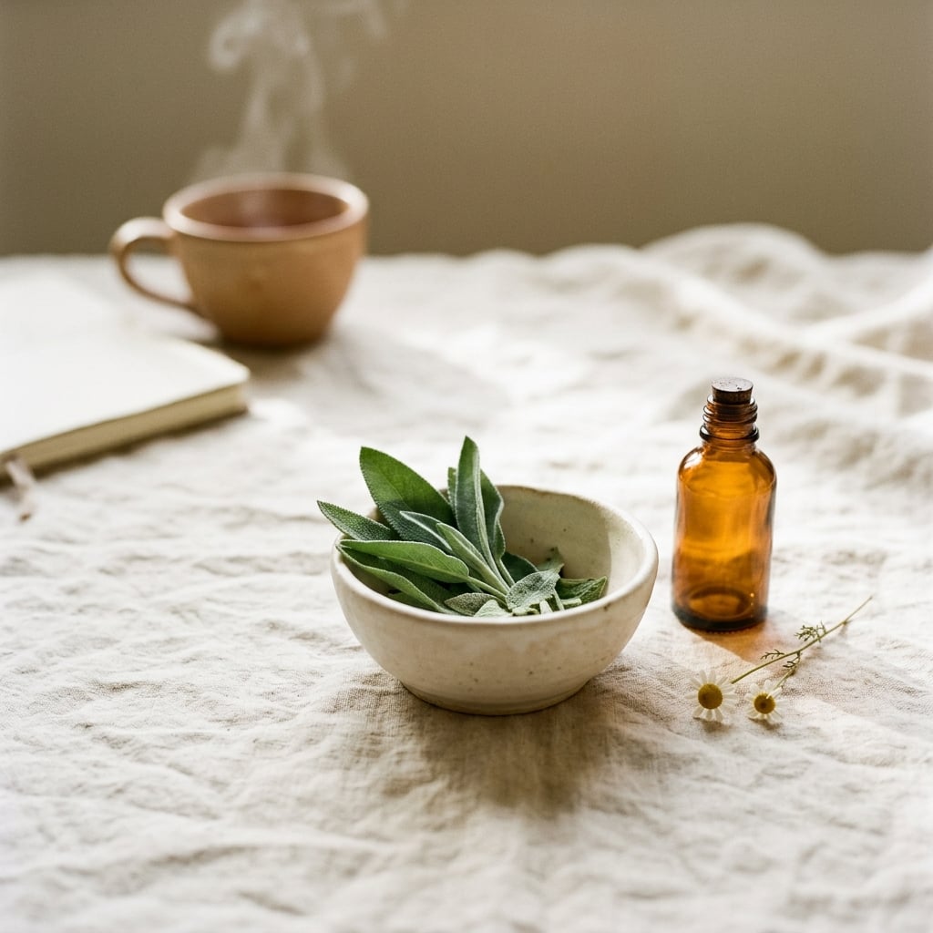 A quiet morning still-life — fresh sage leaves, an amber dropper bottle, and a warm cup of tea on cream linen