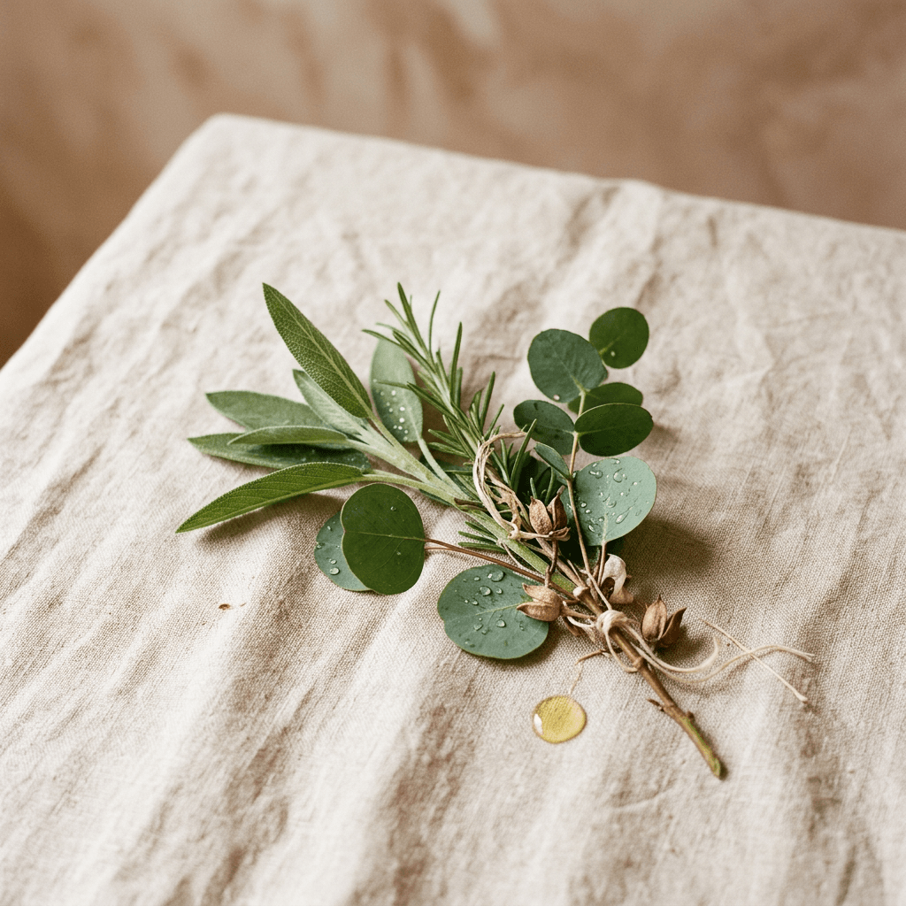 Botanical sprig on linen — listening to what your scalp needs