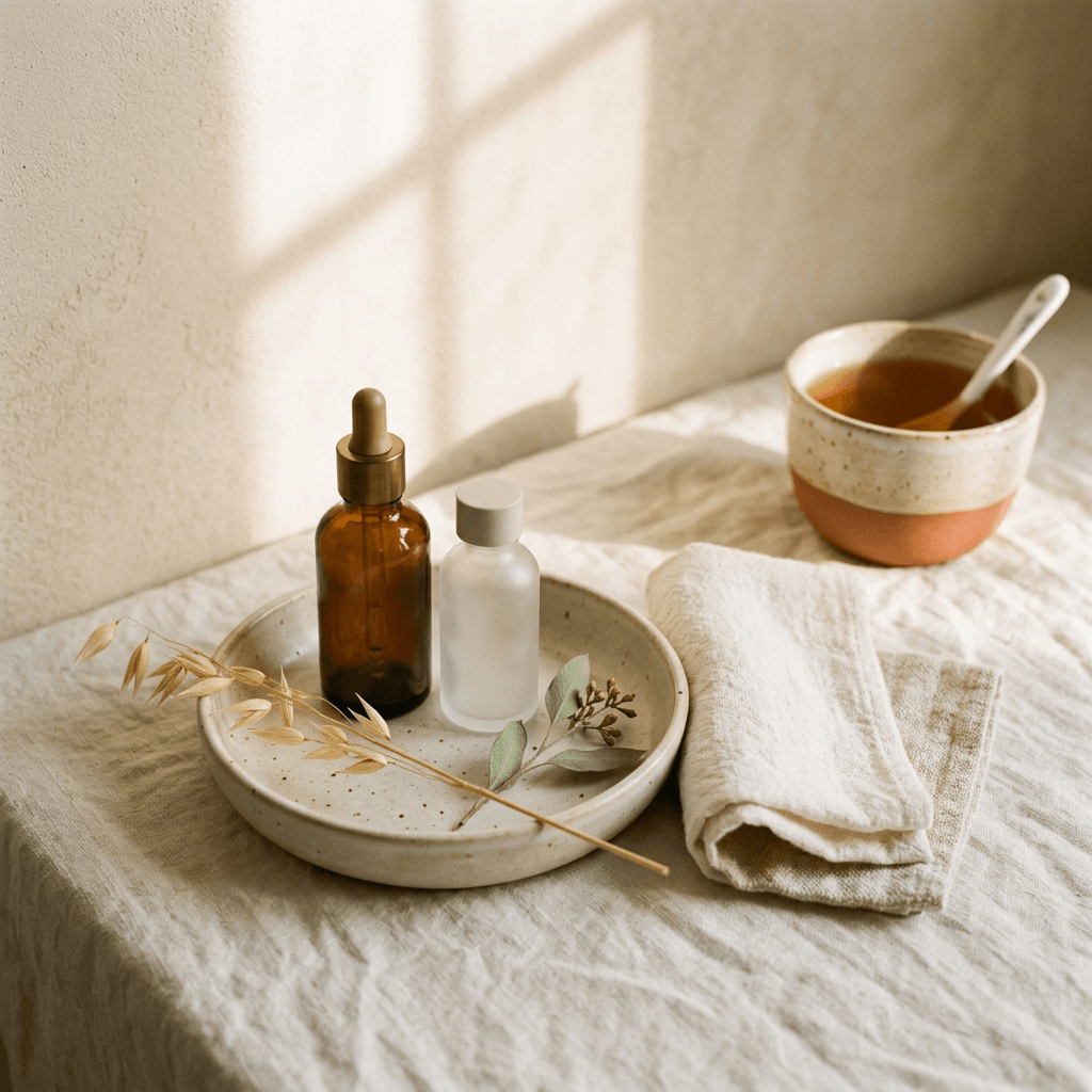 A morning ritual — amber bottles, cream washcloth, a warm cup